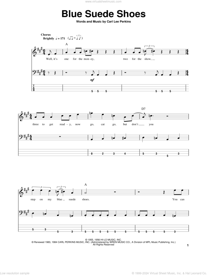 Blue Suede Shoes sheet music for bass (tablature) (bass guitar) by Carl Perkins and Elvis Presley, intermediate skill level