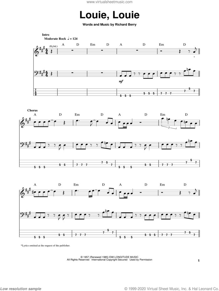 Louie, Louie sheet music for bass (tablature) (bass guitar) by The Kingsmen and Richard Berry, intermediate skill level