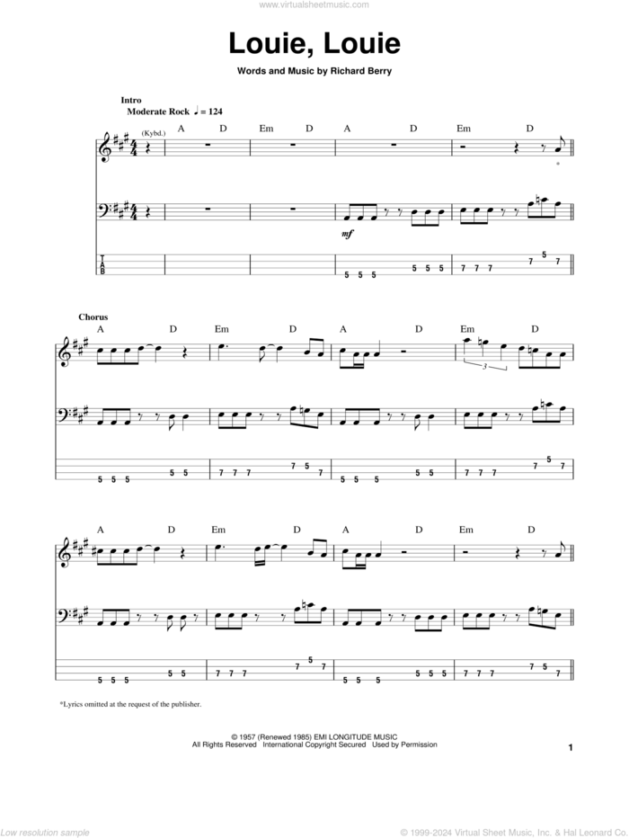 Louie, Louie sheet music for bass (tablature) (bass guitar) by The Kingsmen and Richard Berry, intermediate skill level