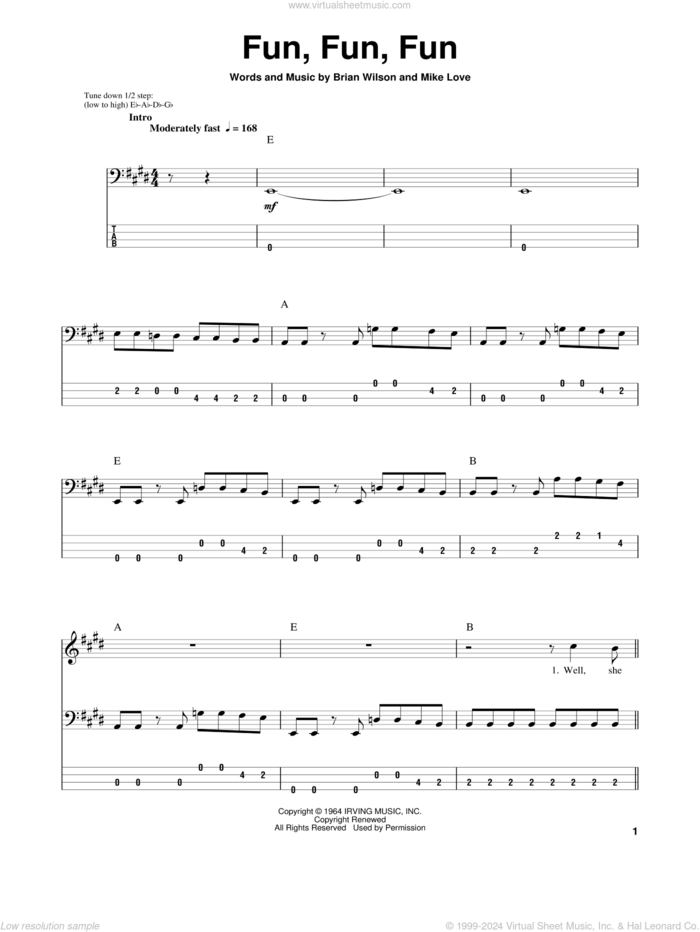 Fun, Fun, Fun sheet music for bass (tablature) (bass guitar) by The Beach Boys, Brian Wilson and Mike Love, intermediate skill level