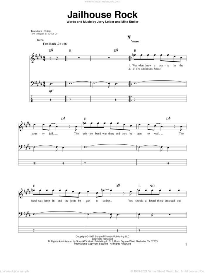 Jailhouse Rock sheet music for bass (tablature) (bass guitar) by Elvis Presley, Jerry Leiber and Mike Stoller, intermediate skill level