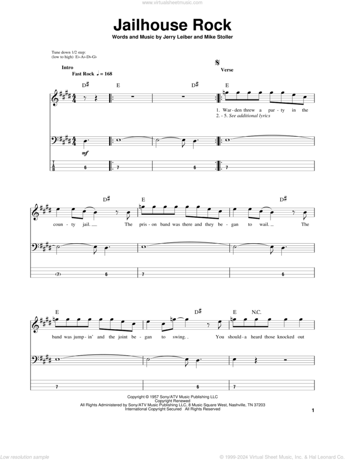 Jailhouse Rock sheet music for bass (tablature) (bass guitar) by Elvis Presley, Jerry Leiber and Mike Stoller, intermediate skill level