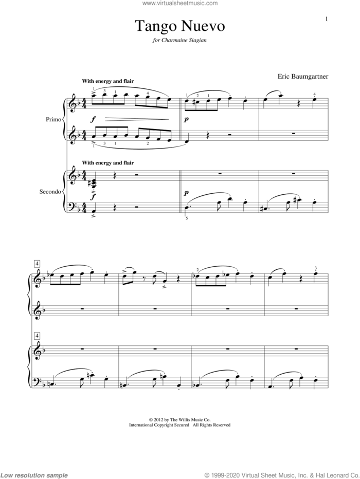 Tango Nuevo sheet music for piano four hands by Eric Baumgartner, intermediate skill level