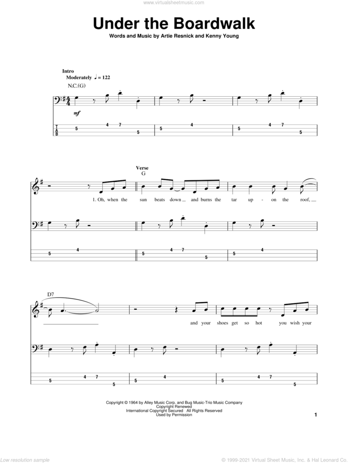 Under The Boardwalk sheet music for bass (tablature) (bass guitar) by The Drifters, Artie Resnick and Kenny Young, intermediate skill level