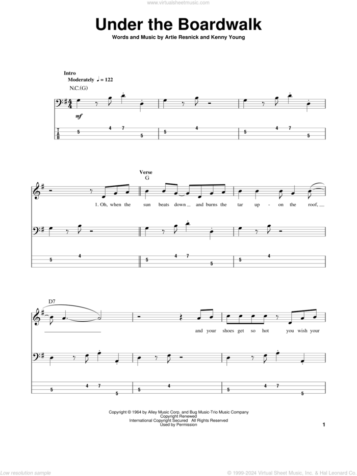 Under The Boardwalk sheet music for bass (tablature) (bass guitar) by The Drifters, Artie Resnick and Kenny Young, intermediate skill level