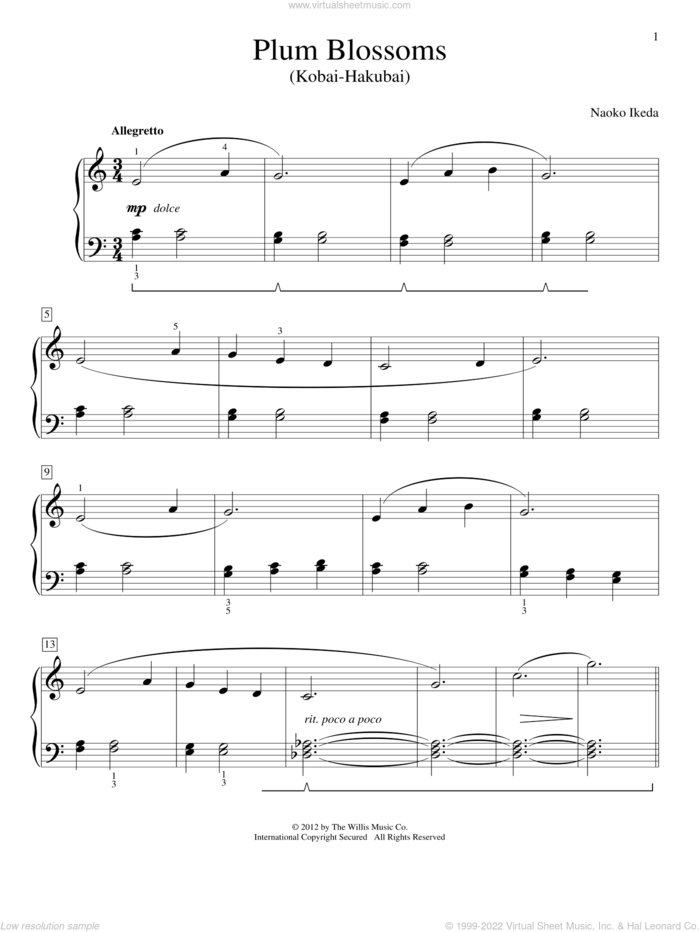 Plum Blossoms (Kobai-Hakubai) sheet music for piano solo (elementary) by Naoko Ikeda, beginner piano (elementary)