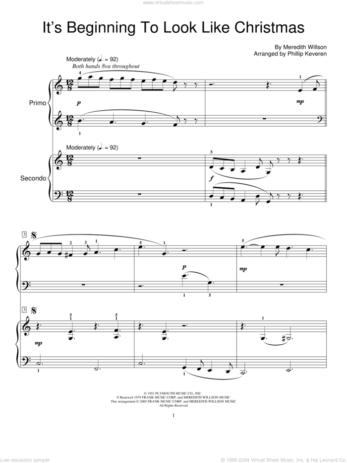 It's Beginning To Look Like Christmas (arr. Phillip Keveren) sheet music for piano four hands by Meredith Willson, Phillip Keveren and Miscellaneous, intermediate skill level