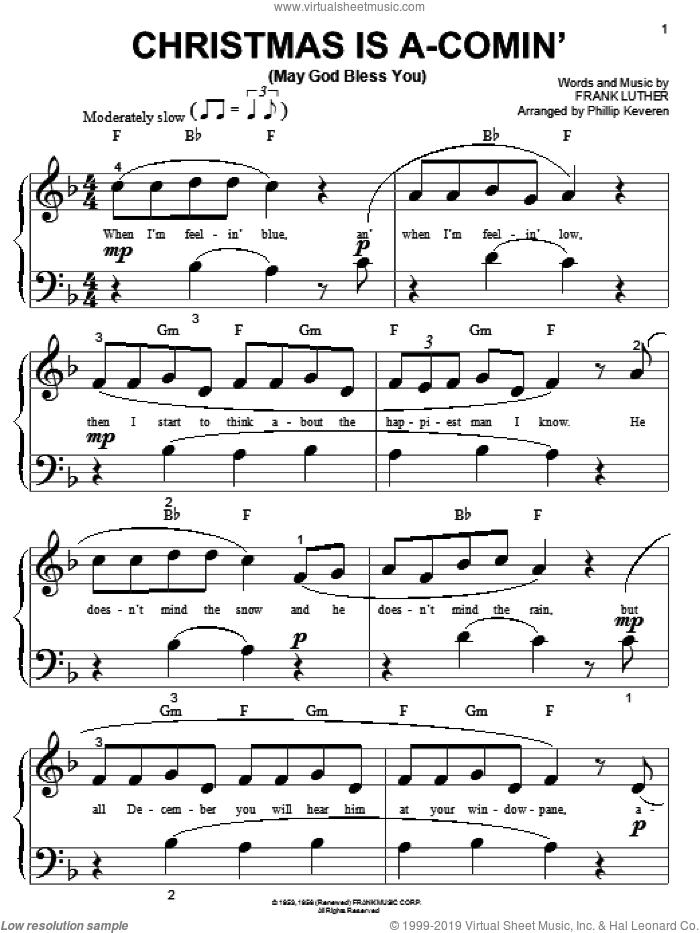 Christmas Is A-Comin' (May God Bless You) (arr. Phillip Keveren) sheet music for piano solo (big note book) by Frank Luther and Phillip Keveren, easy piano (big note book)