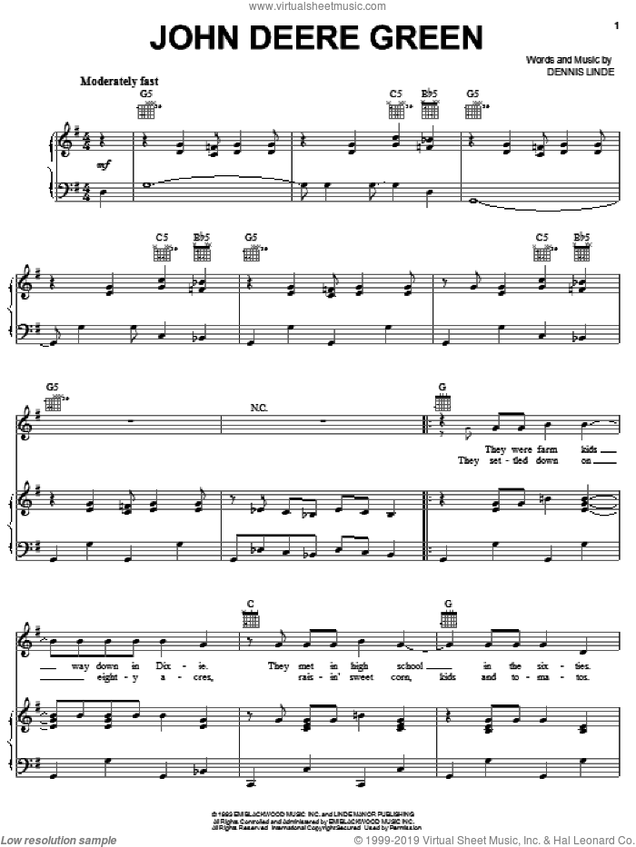 John Deere Green sheet music for voice, piano or guitar by Joe Diffie and Dennis Linde, intermediate skill level