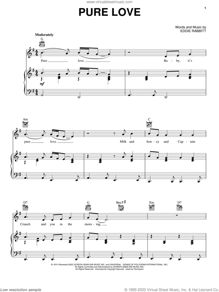 Pure Love sheet music for voice, piano or guitar by Ronnie Milsap and Eddie Rabbitt, intermediate skill level
