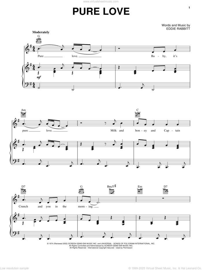 Pure Love sheet music for voice, piano or guitar by Ronnie Milsap and Eddie Rabbitt, intermediate skill level