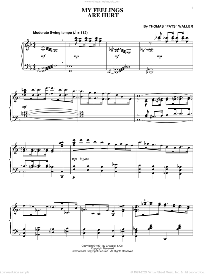 My Feelings Are Hurt sheet music for piano solo by Fats Waller and Thomas Waller, intermediate skill level