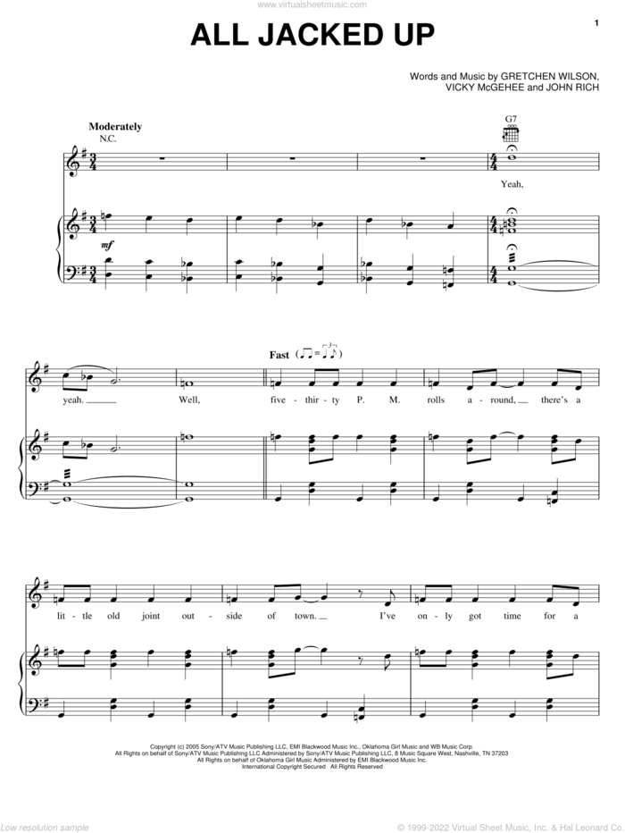 All Jacked Up sheet music for voice, piano or guitar by Gretchen Wilson, John Rich and Vicky McGehee, intermediate skill level