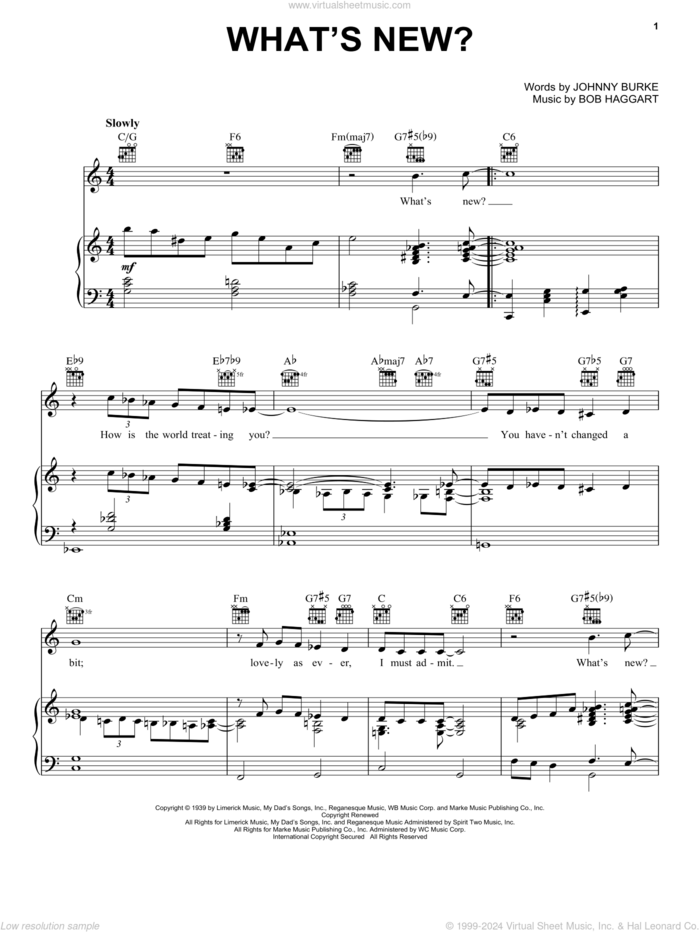 What's New? sheet music for voice, piano or guitar by Bob Crosby and His Orchestra, Bob Crosby, Bob Haggart and John Burke, intermediate skill level