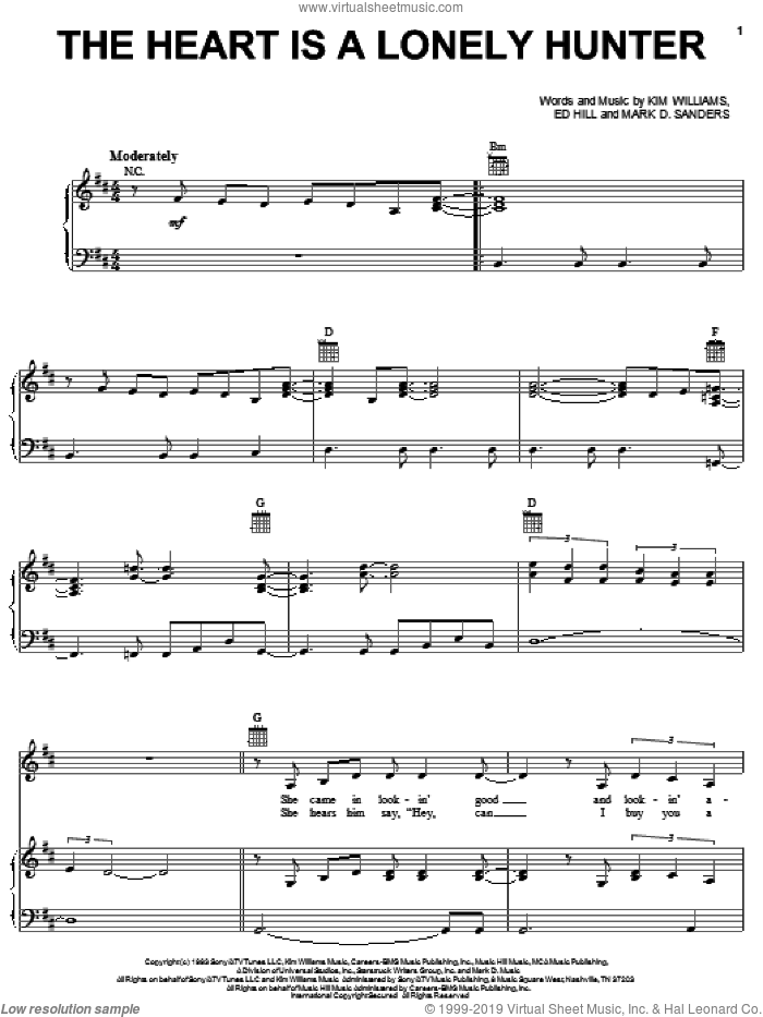 The Heart Is A Lonely Hunter sheet music for voice, piano or guitar by Reba McEntire, Ed Hill, Kim Williams and Mark D. Sanders, intermediate skill level