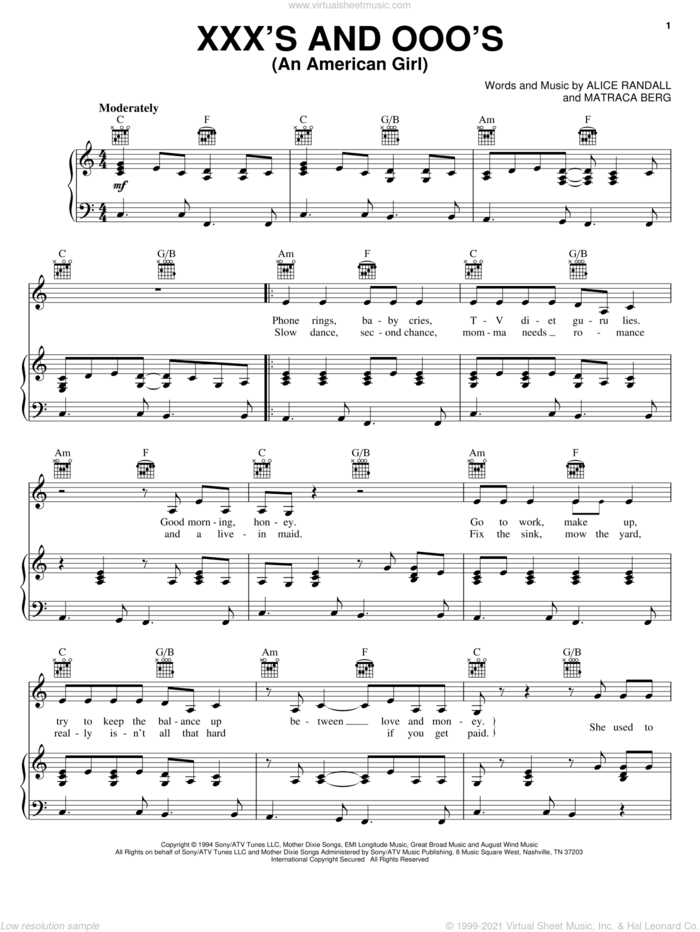 XXX's And OOO's (An American Girl) sheet music for voice, piano or guitar by Trisha Yearwood, Alice Randall and Matraca Berg, intermediate skill level