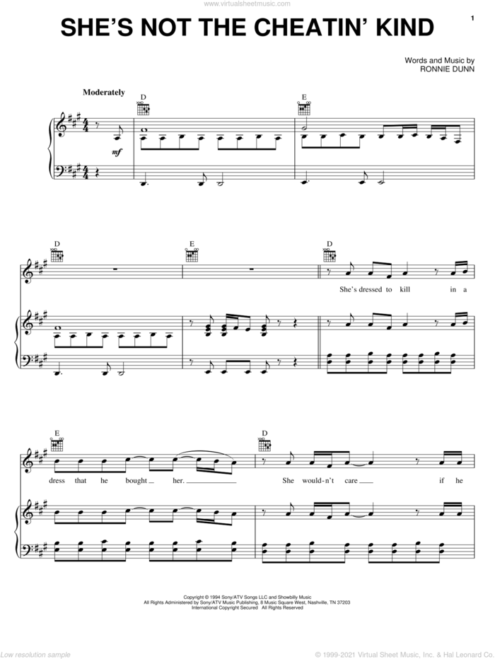 She's Not The Cheatin' Kind sheet music for voice, piano or guitar by Brooks & Dunn and Ronnie Dunn, intermediate skill level