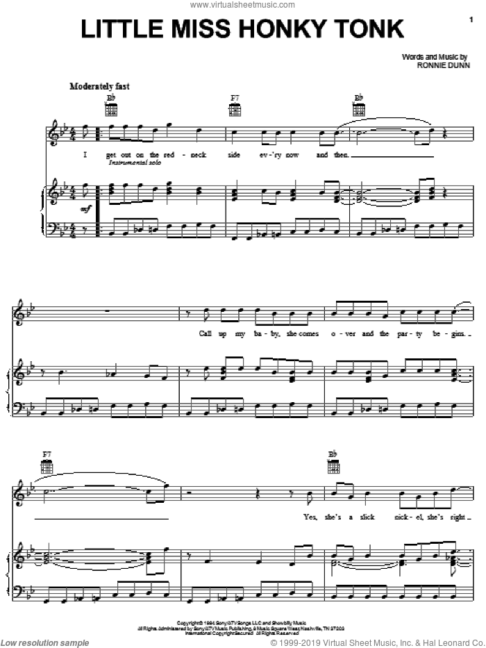 Little Miss Honky Tonk sheet music for voice, piano or guitar by Brooks & Dunn and Ronnie Dunn, intermediate skill level