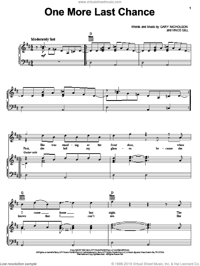One More Last Chance sheet music for voice, piano or guitar by Vince Gill and Gary Nicholson, intermediate skill level