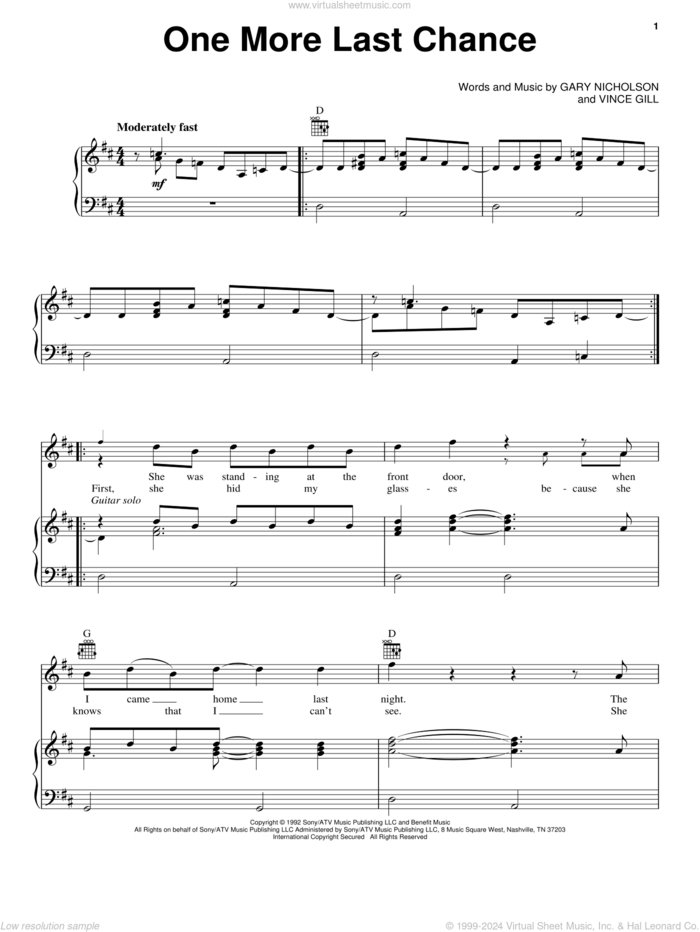 One More Last Chance sheet music for voice, piano or guitar by Vince Gill and Gary Nicholson, intermediate skill level