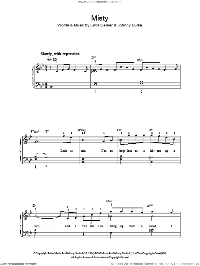 Misty sheet music for voice, piano or guitar by Erroll Garner and John Burke, intermediate skill level
