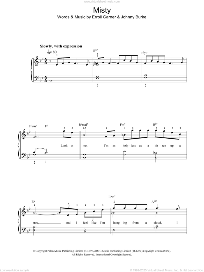 Misty sheet music for voice, piano or guitar by Erroll Garner and John Burke, intermediate skill level