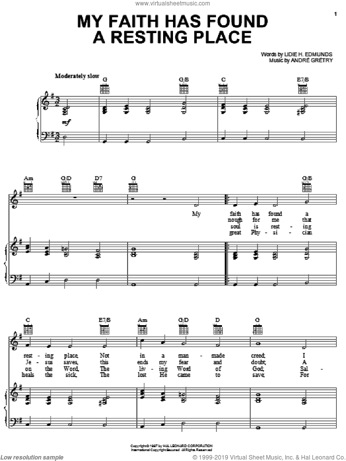 My Faith Has Found A Resting Place sheet music for voice, piano or guitar by Andre Gretry, Lidie H. Edmunds and William J. Kirkpatrick, intermediate skill level