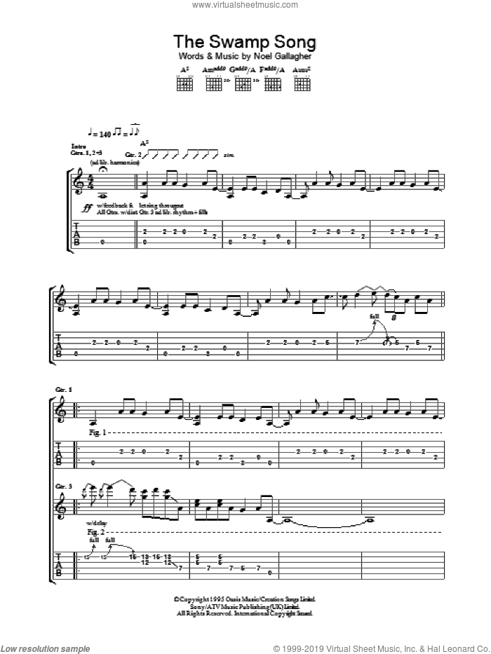 The Swamp Song sheet music for guitar (tablature) by Oasis and Noel Gallagher, intermediate skill level