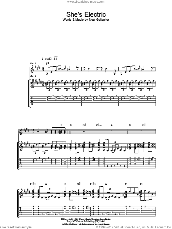 She's Electric sheet music for guitar (tablature) by Oasis and Noel Gallagher, intermediate skill level