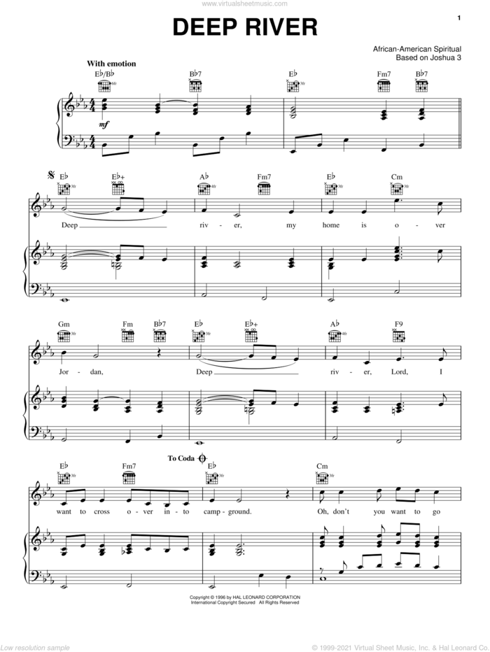 Deep River sheet music for voice, piano or guitar, intermediate skill level