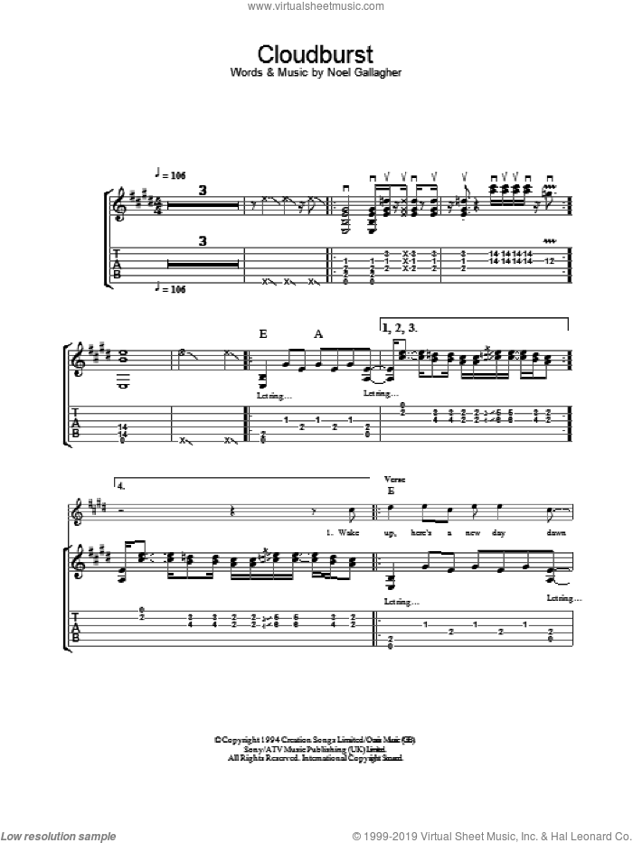 Cloudburst sheet music for guitar (tablature) by Oasis and Noel Gallagher, intermediate skill level