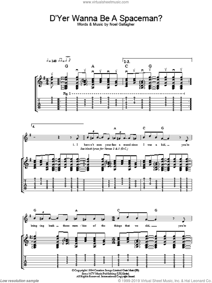 D'Yer Wanna Be A Spaceman? sheet music for guitar (tablature) by Oasis and Noel Gallagher, intermediate skill level
