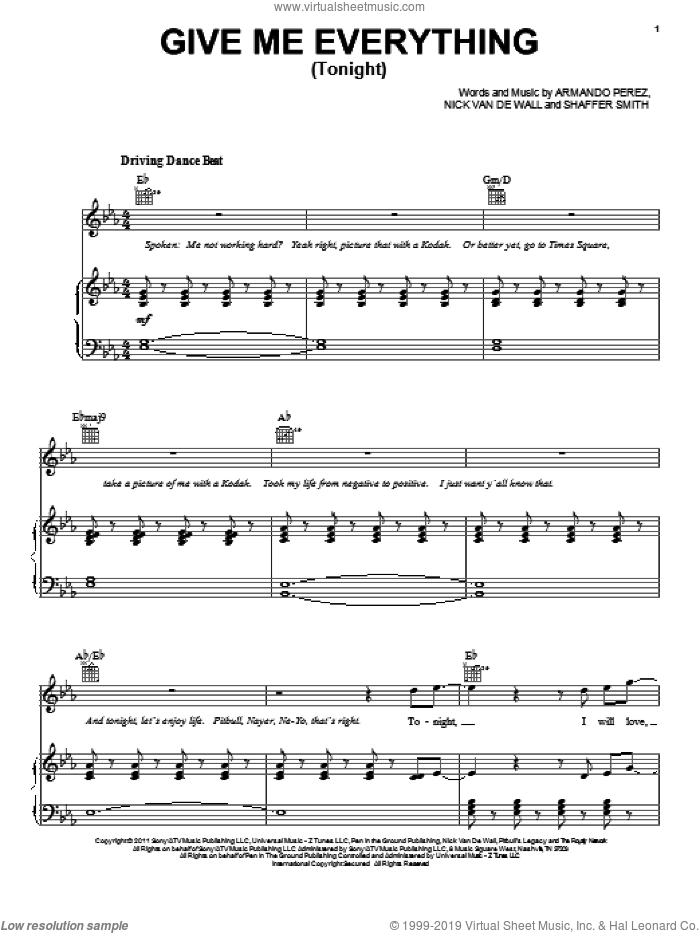 Give Me Everything (Tonight) sheet music for voice, piano or guitar by Pitbull featuring Ne-Yo, Armando Perez, Nick van de Wall and Shaffer Smith, intermediate skill level