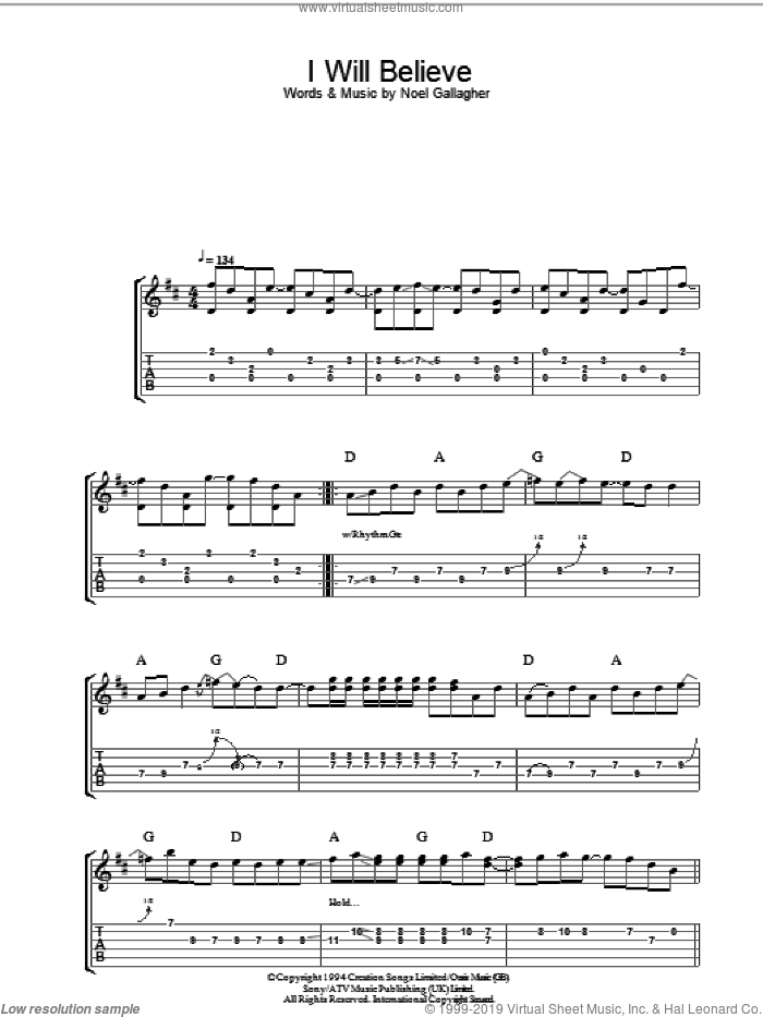 I Will Believe sheet music for guitar (tablature) by Oasis and Noel Gallagher, intermediate skill level