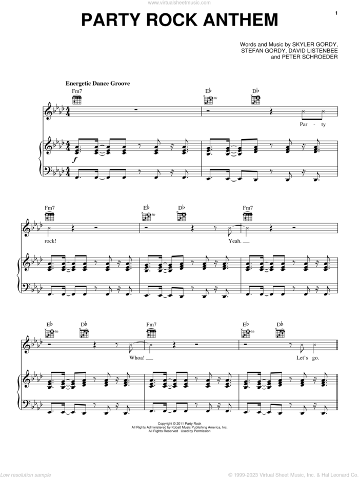 Party Rock Anthem sheet music for voice, piano or guitar by LMFAO featuring Lauren Bennett, David Listenbee, Peter Schroeder, Skyler Gordy and Stefan Gordy, intermediate skill level
