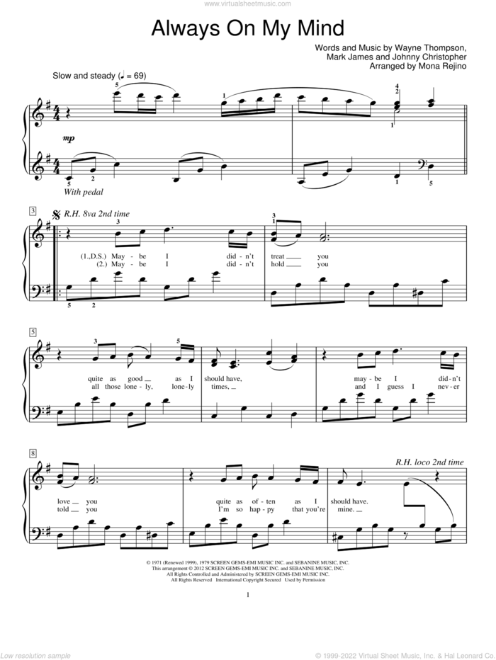 Always On My Mind sheet music for piano solo (elementary) by Willie Nelson, Mona Rejino, Johnny Christopher, Mark James and Wayne Thompson, beginner piano (elementary)
