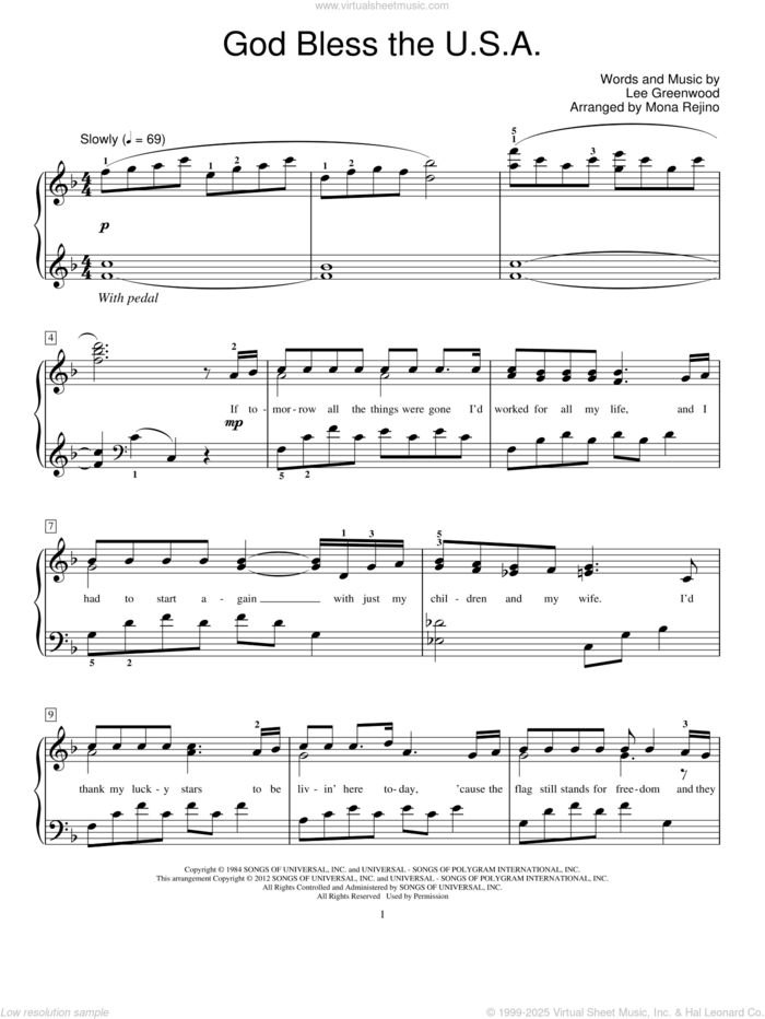 God Bless The U.S.A. sheet music for piano solo (elementary) by Lee Greenwood and Mona Rejino, beginner piano (elementary)