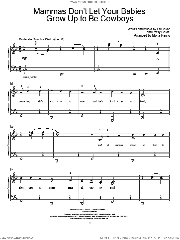 Mammas Don't Let Your Babies Grow Up To Be Cowboys sheet music for piano solo (elementary) by Ed Bruce, Mona Rejino, Willie Nelson and Patsy Bruce, beginner piano (elementary)