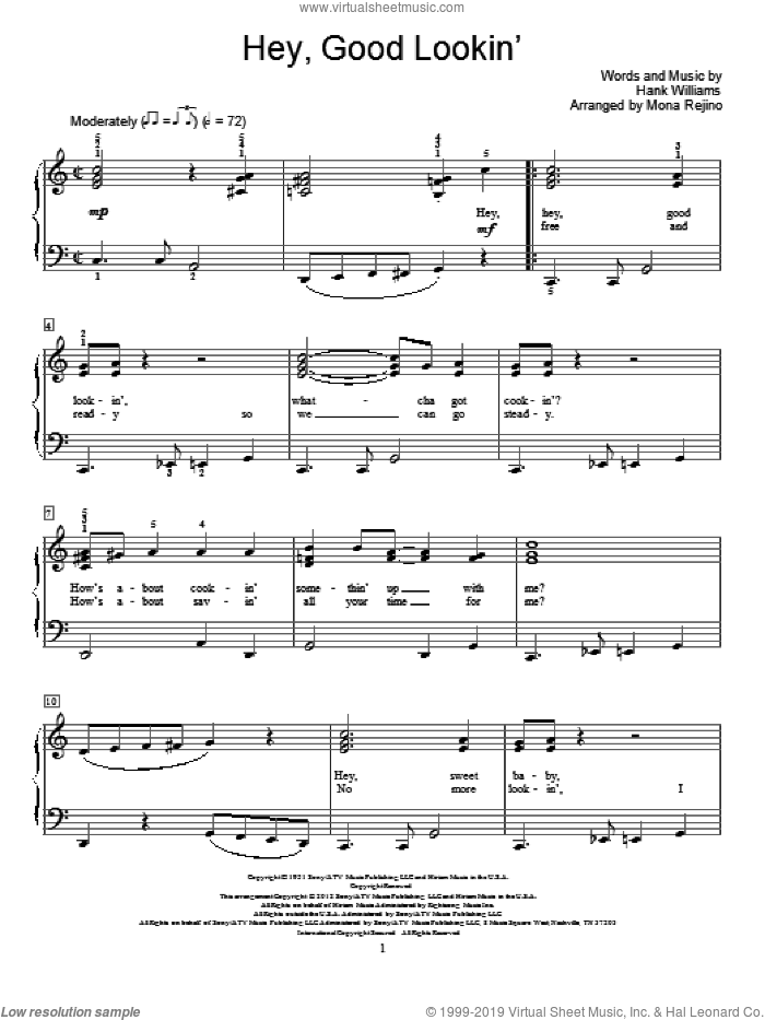 Hey, Good Lookin' sheet music for piano solo (elementary) by Hank Williams and Mona Rejino, beginner piano (elementary)