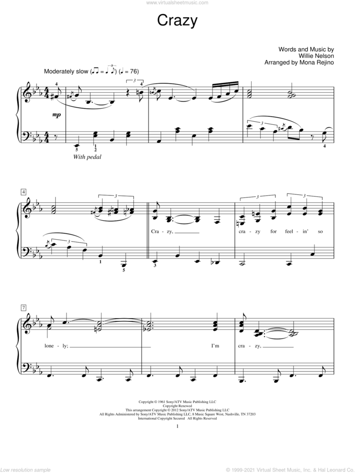 Crazy sheet music for piano solo (elementary) by Patsy Cline, Mona Rejino and Willie Nelson, beginner piano (elementary)