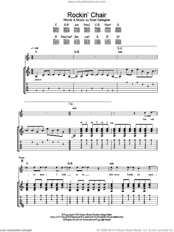 Rockin' Chair sheet music for guitar (tablature) by Oasis and Noel Gallagher, intermediate skill level