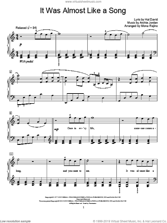 It Was Almost Like A Song sheet music for piano solo (elementary) by Ronnie Milsap, Mona Rejino, Archie Jordan and Hal David, beginner piano (elementary)