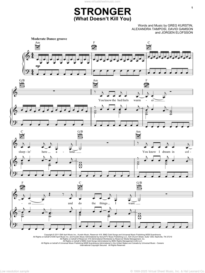 Stronger (What Doesn't Kill You) sheet music for voice, piano or guitar by Kelly Clarkson, Alexandra Tamposi, David Gamson, Greg Kurstin and Jorgen Elofsson, intermediate skill level