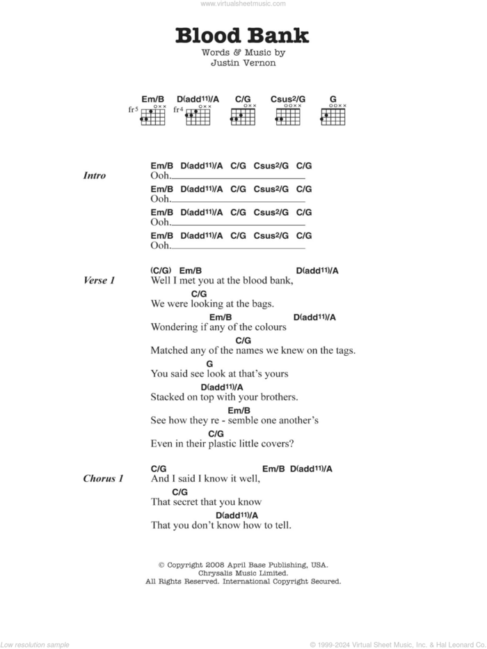 Blood Bank sheet music for guitar (chords) by Bon Iver and Justin Vernon, intermediate skill level