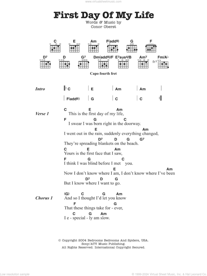 First Day Of My Life sheet music for guitar (chords) by Bright Eyes and Conor Oberst, intermediate skill level