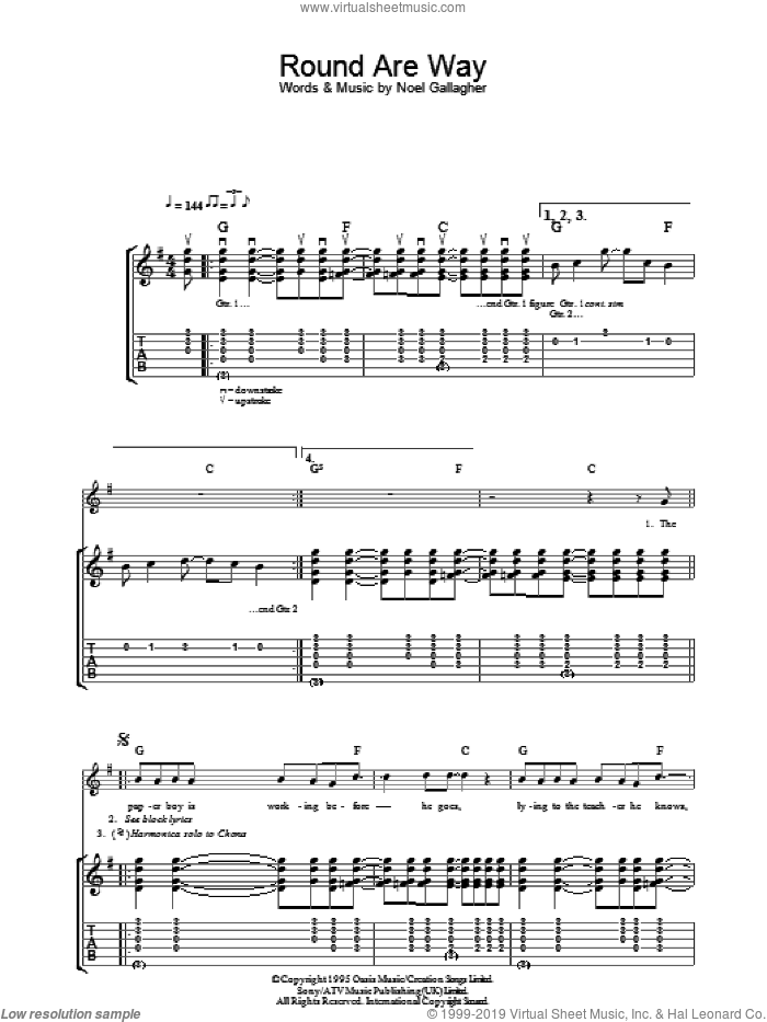 Round Are Way sheet music for guitar (tablature) by Oasis and Noel Gallagher, intermediate skill level