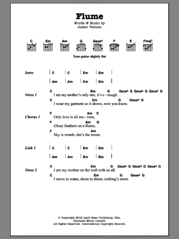 Flume sheet music for guitar (chords) by Bon Iver and Justin Vernon, intermediate skill level
