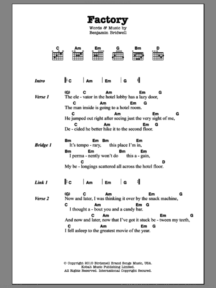 Factory sheet music for guitar (chords) by Band Of Horses and Benjamin Bridwell, intermediate skill level