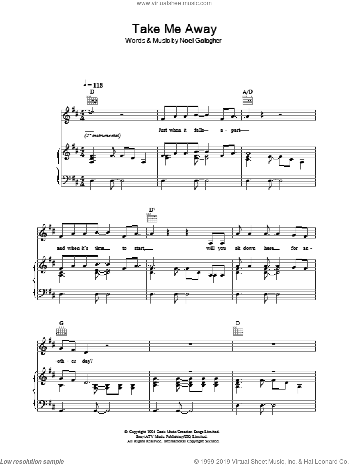 Take Me Away sheet music for voice, piano or guitar by Oasis and Noel Gallagher, intermediate skill level
