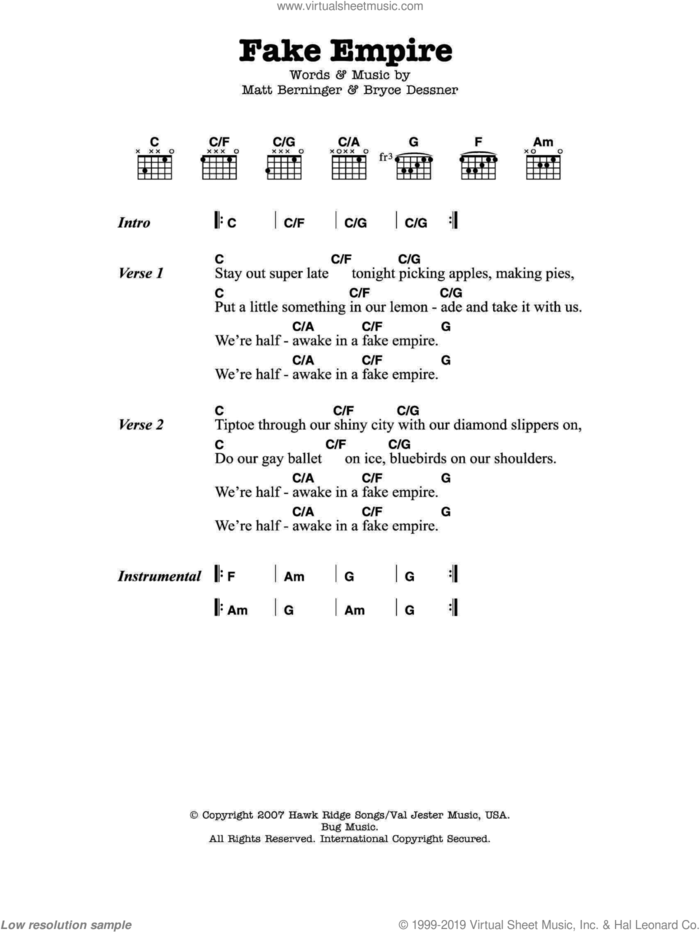 Fake Empire sheet music for guitar (chords) by The National, Bryce Dessner and Matt Berninger, intermediate skill level